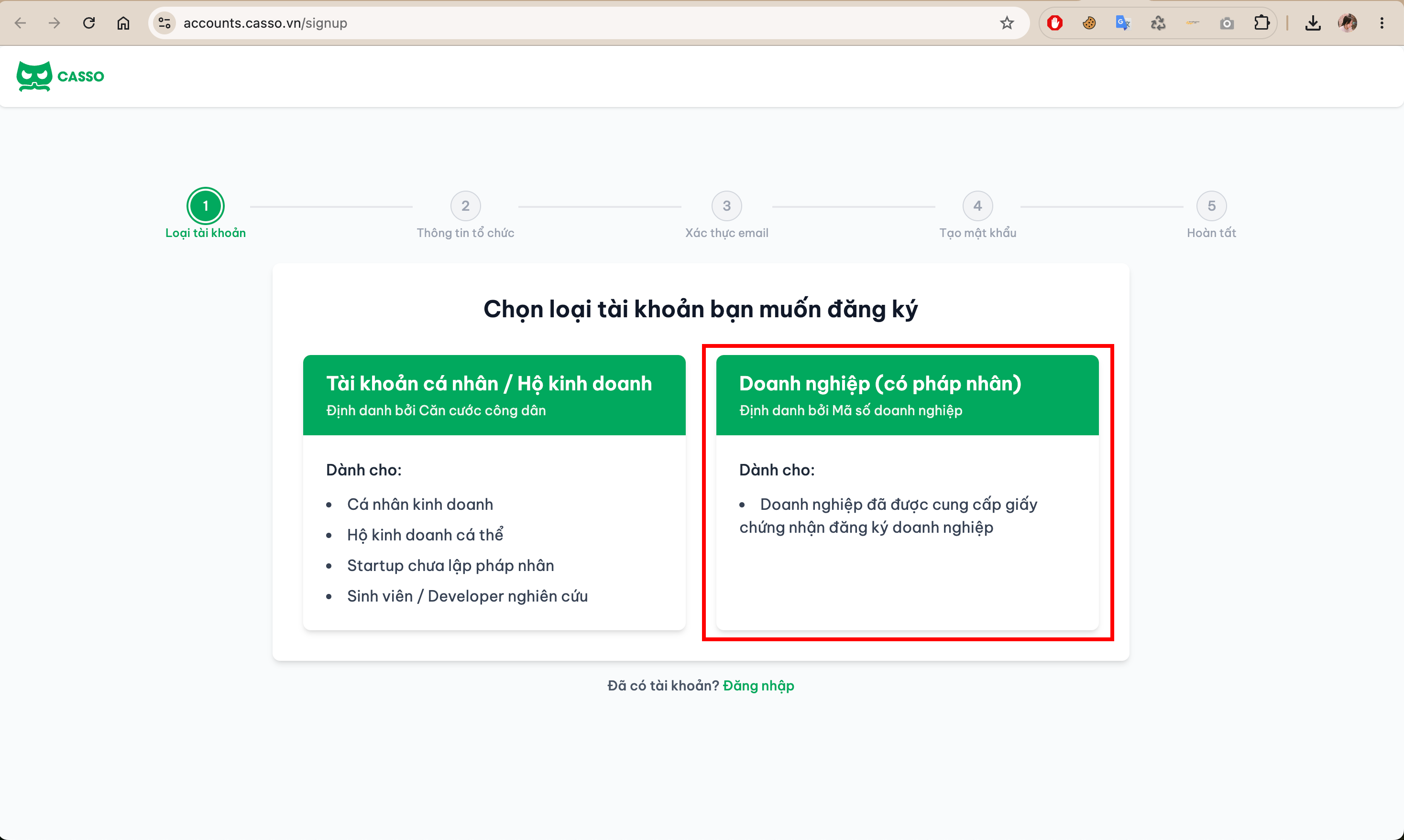 Chọn loại tài khoản Casso