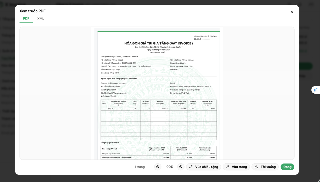 Xem trước thông tin hoá đơn