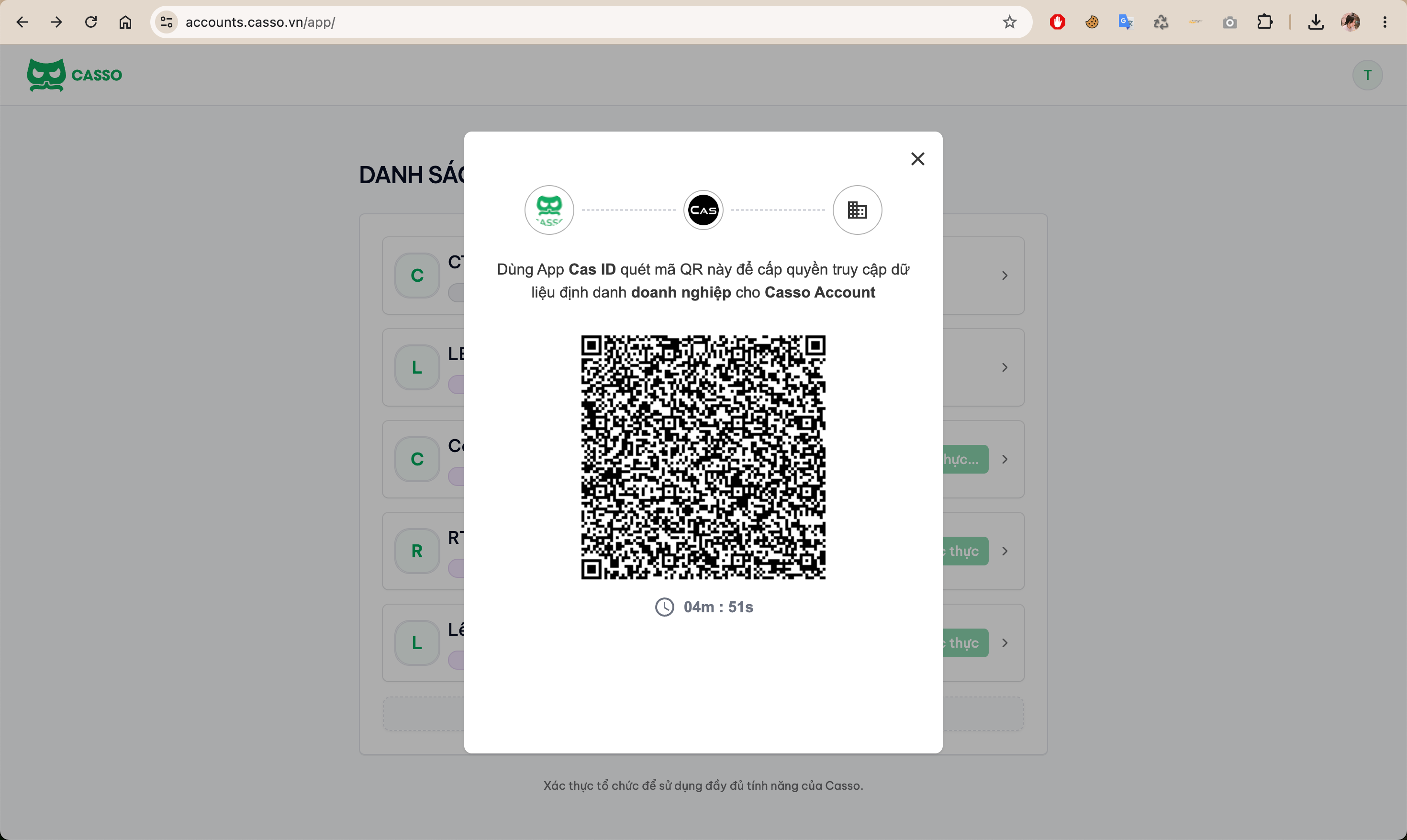 Quét mã QR bằng app CAS ID để xác thực